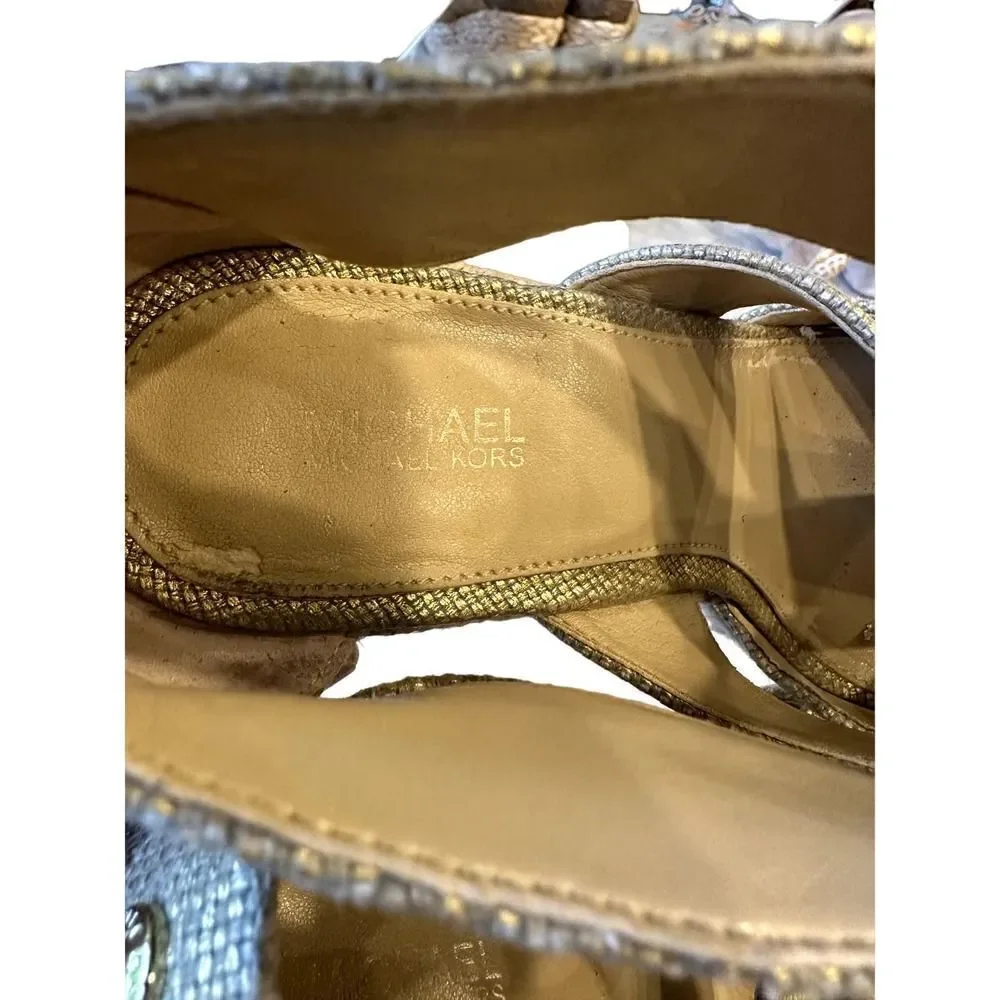 MICHAEL MICHAEL KORS Women's Damita Canvas Espadrille Wedge Gold Size 7.5